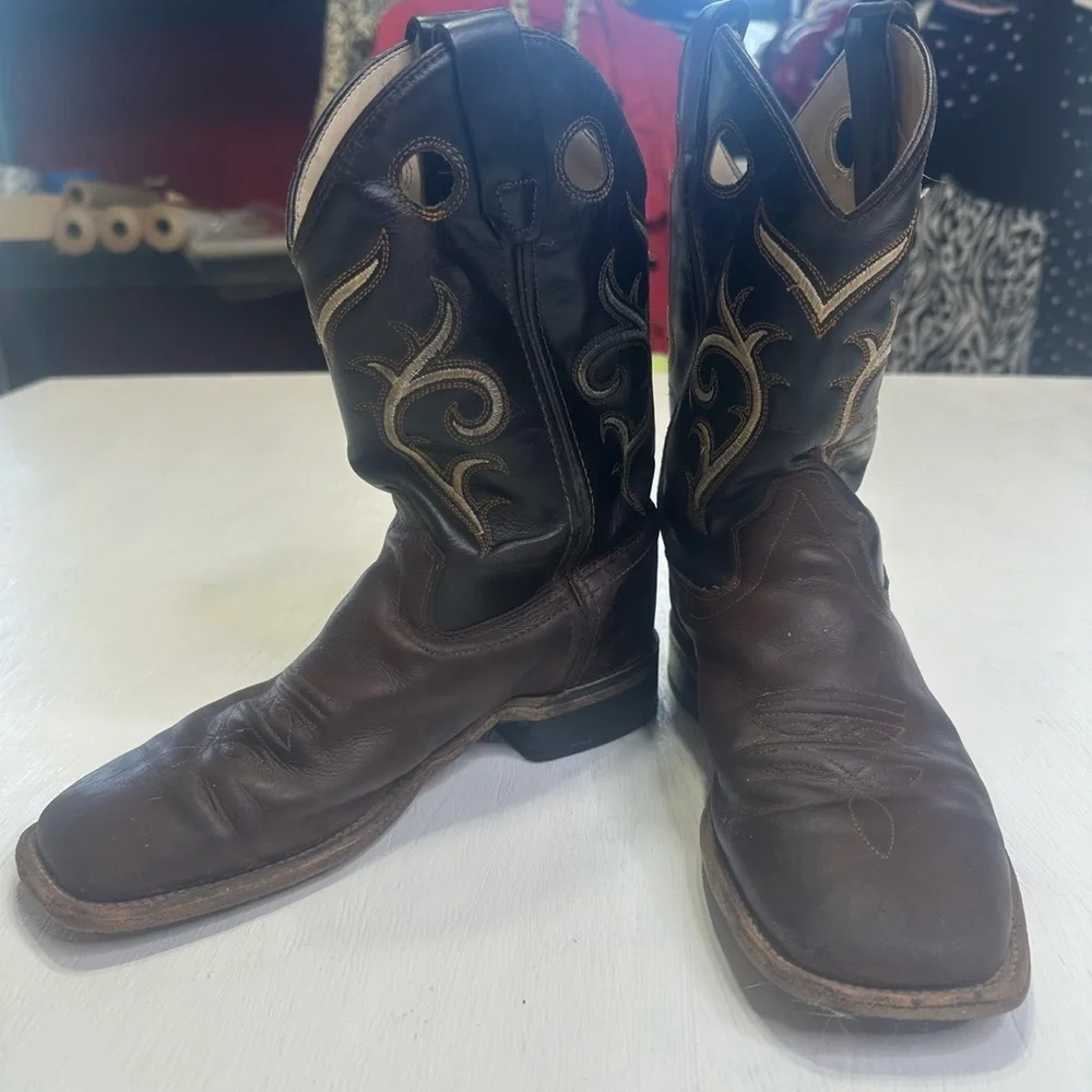 Old West Kids Cowboy Boots Brown Leather Square Toe Western Youth Size 3D